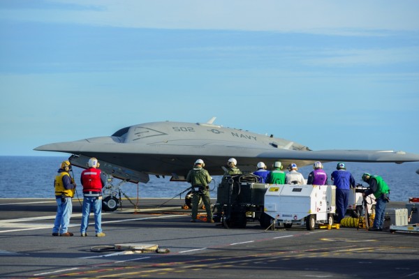 X-47B Unmanned Combat Air System (UCAS) demonstrator taxies on the flight deck of the aircraft carrier USS Harry S. Truman (CVN 75). 