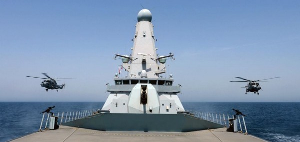 The Bridge of HMS Dragon with the two Lynx helicopters alongside