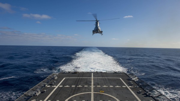 MQ-8B Fire Scout lifts off the flight deck of the USS Fort Worth