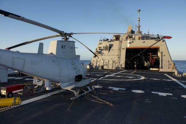 MQ-8B Fire Scout unmanned autonomous helicopter from the “Magicians” of Helicopter Maritime Strike Squadron (HSM) 35 Detachment 1 is prepared for flight operations aboard the littoral combat ship USS Fort Worth