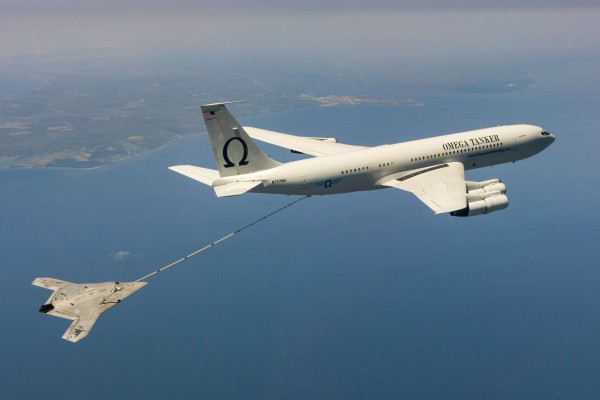 US Navy's X-47B, AV-2, Bureau # 168064, of Air Test and Evaluation Squadron Two Three (VX-23) successfully complete Air-to-Air Refueling (AAR) with the K-707 Omega Tanker over the Chesapeake Bay on 22 April 2015.  VX-23 is part of the Naval Test Wing Atlantic in Naval Air Station Patuxent River, MD.  The Mission Operators of the X-47B are Northrop Grumman Corporation’s Mr. Corey Lazare and Mr. Dave Fulton. Pilots of the Omega Aerial Refueling Services are Mr. Tom Straiton and Mr. Dennis Warren. (U.S. Navy Photo by Liz Wolter)