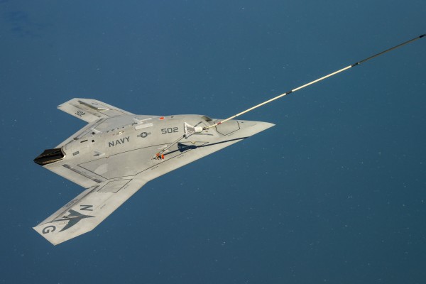 US Navy's X-47B, AV-2, Bureau # 168064, of Air Test and Evaluation Squadron Two Three (VX-23) successfully complete Air-to-Air Refueling (AAR) with the K-707 Omega Tanker over the Chesapeake Bay on 22 April 2015.  VX-23 is part of the Naval Test Wing Atlantic in Naval Air Station Patuxent River, MD.  The Mission Operators of the X-47B are Northrop Grumman Corporation’s Mr. Corey Lazare and Mr. Dave Fulton. Pilots of the Omega Aerial Refueling Services are Mr. Tom Straiton and Mr. Dennis Warren. (U.S. Navy Photo by Liz Wolter)