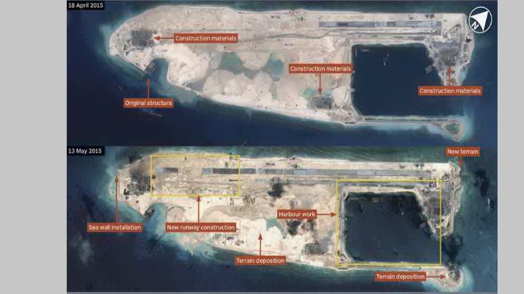 Airbus Defence and Space mostra construção em curso no Fiery Cruz Reef no Mar do Sul da China. A pista, cerca de 3.000 metros de comprimento, será capaz de operar com todas as aeronaves militares chinesas quando concluído. (CNES 2015, Distribuição Airbus)