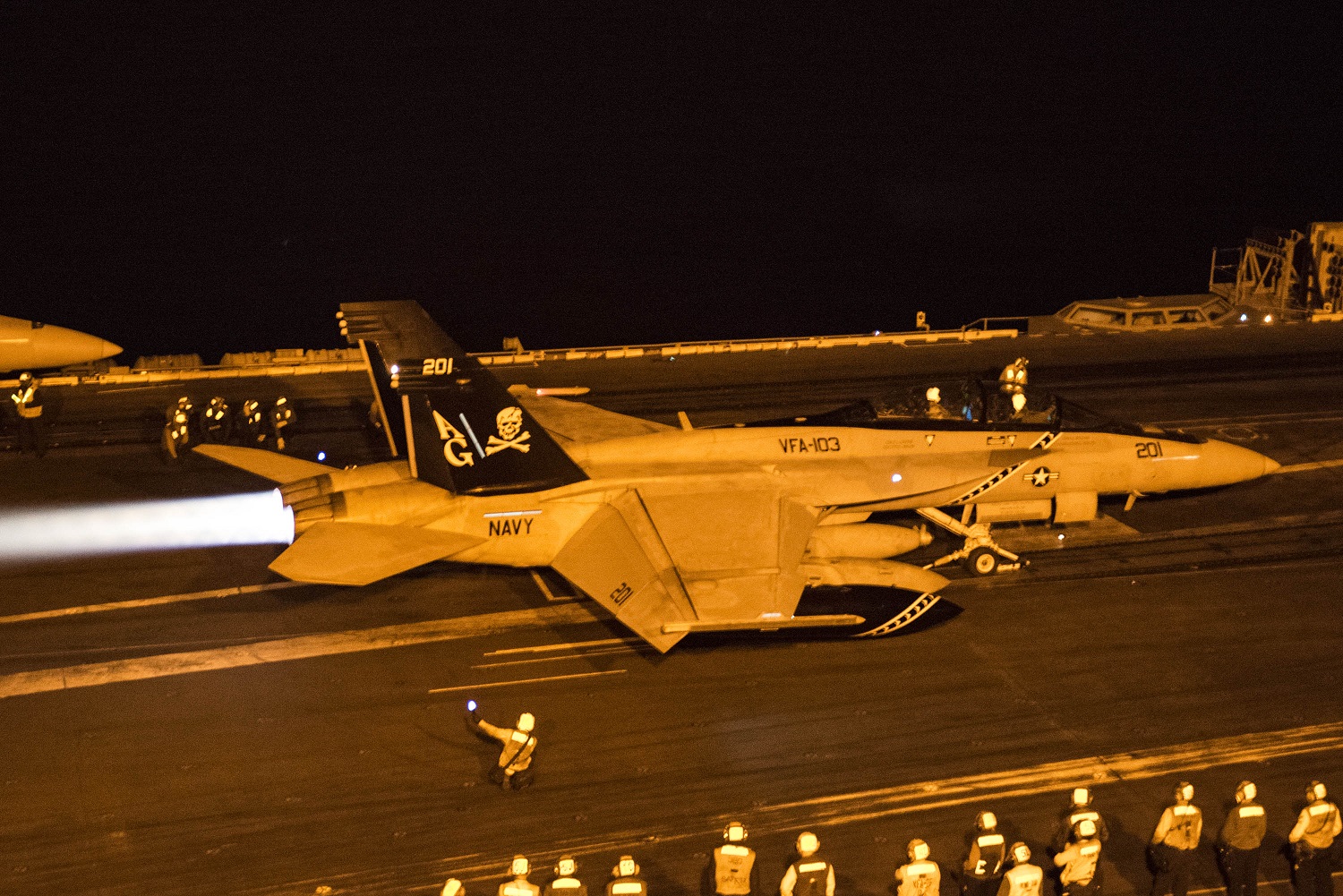 151228-N-DZ642-012 
ARABIAN GULF (Dec. 28, 2015) An of Strike Fighter Squadron (VFA) 103, launches from the flight deck of the aircraft carrier USS Harry S. Truman (CVN 75). The Harry S. Truman Carrier Strike Group is deployed in support of maritime security operations and theater security cooperation efforts in the U.S. 5th Fleet area of responsibility. (U.S. Navy photo by Mass Communication Specialist 3rd Class B. Siens/Released)