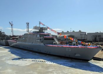 A Marinha batizou o USS Cooperstown, seu 12º Littiral Combat Ship, em Marinette, Wisc., 29 de fevereiro de 2020. LOCKHEED MARTIN