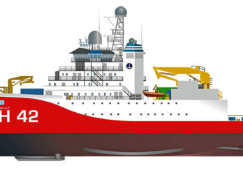 Ilustração do modelo no qual será baseado o futuro Navio de Apoio Antártico da Marinha.