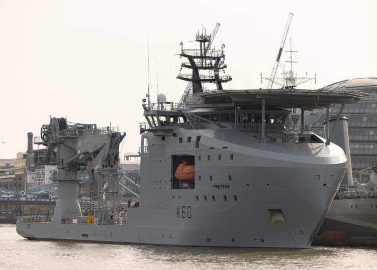 Pictured: RFA Proteus alongside HMS Belfast in London, on Monday 9th October 2023, ahead of her Service of Dedication on Tuesday 10th October 2023.