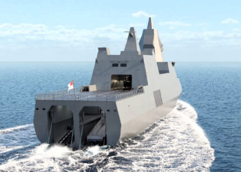 Uma imagem gerada por computador mostrando um conceito do Navio de Combate Multifuncional da Marinha de Singapura. Observe as duas grandes rampas de popa para lançar e recuperar os USVs VENUS. (MINDEF de Singapura)